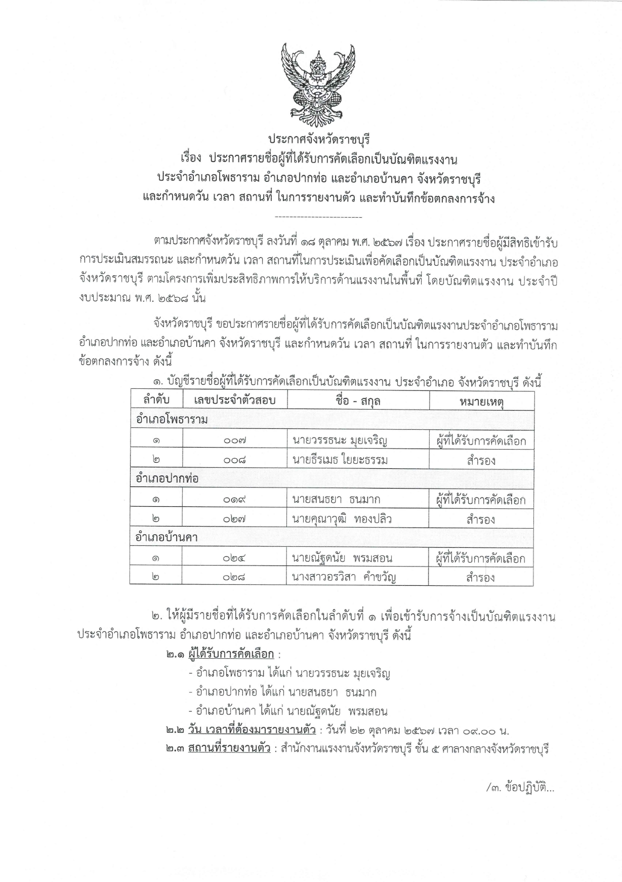 ประกาศจังหวัดราชบุรี เรื่อง ประกาศรายชื่อผู้ที่ได้รับการคัดเลือกเป็นบัณฑิตแรงงาน ประจำอำเภอโพธาราม อำเภอปากท่อ และอำเภอบ้านคา จังหวัดราชบุรี และกำหนดวัน เวลา สถานที่ ในการรายงานตัว และทำบันทึกข้อตกลงการจ้าง