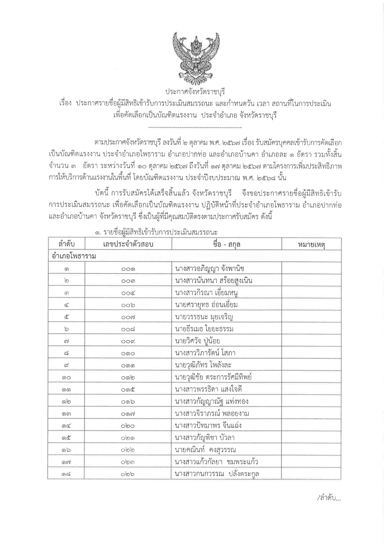 ประกาศจังหวัดราชบุรี เรื่อง ประกาศรายชื่อผู้สิทธิเข้ารับการประเมินสรรถนะ และกำหนดวัน เวลา สถานที่ในการประเมิน เพื่อคัดเลือกเป็นบัณฑิต ประอำเภอ จังหวัดราชบุรี